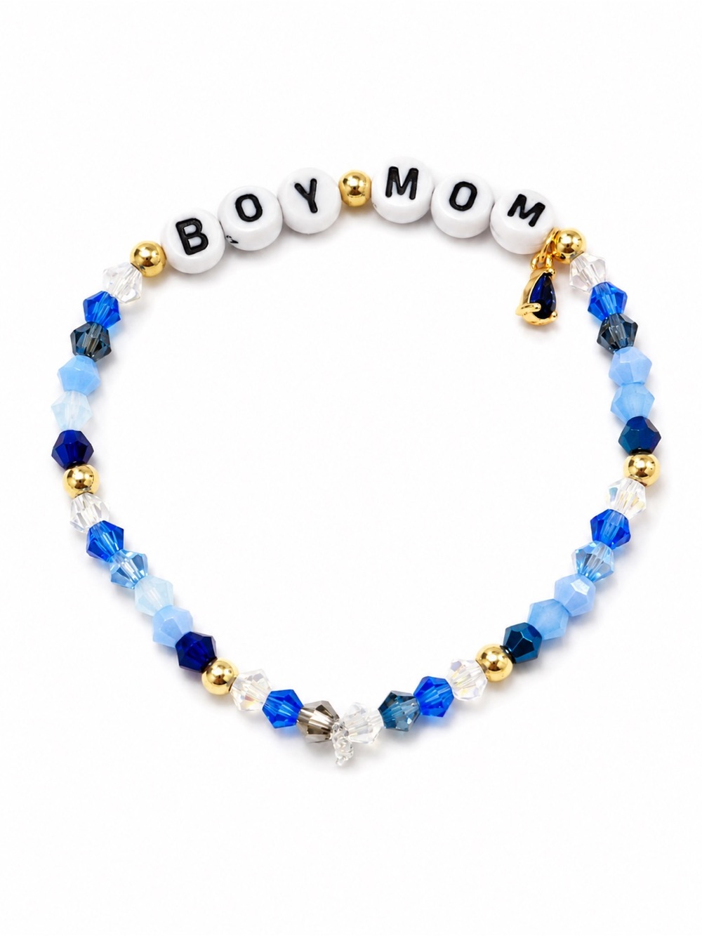 BOY MOM Beaded Stretch Bracelet in Blue and Gold